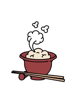 jiggle motion animation of cartoon japanese rice in traditional bowl with chopsticks