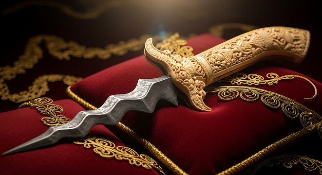 Traditional Ornamental Keris Dagger on Red Velvet Royal Cushion