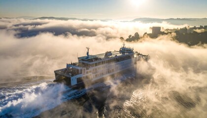 Aerial view of a cargo ship sailing through the clouds at sunrise.
