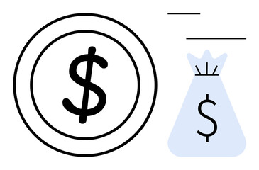 Dollar coin and money bag indicating financial concepts thumbs up savings, earnings, profitability, and investments. Ideal for marketing, banking, budgeting, startups, growth fintech and education