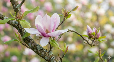 Obraz premium Delicate pink Magnolia flower blooming on a tree branch with soft bokeh background, capturing the essence of spring renewal.