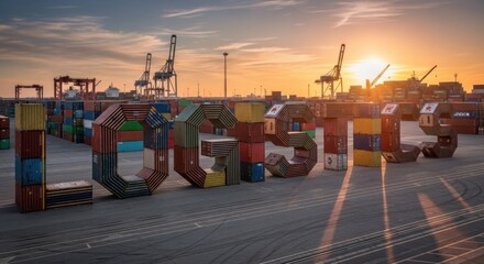 Colorful Cargo Containers Forming the Word LOGISTICS at Sunset.