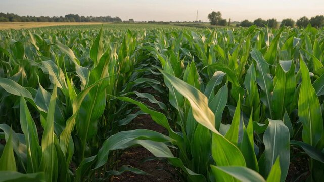 Young corn crop growing in agricultural field