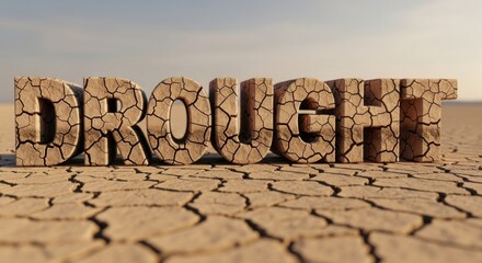 Drought Word Carved in Cracked Earth Illustrating Water Scarcity and Environmental Concerns.