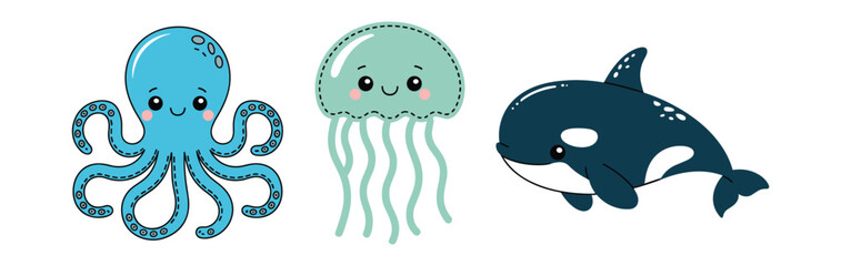 Cute Cartoon Sea Creatures ocean animals marine life © DOT CANVAS