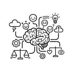 Conceptual illustration of brain with emotions and symbols  