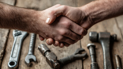 Handshake between two employee hands on national employee appreciation day with tools on wooden table showing teamwork and trust