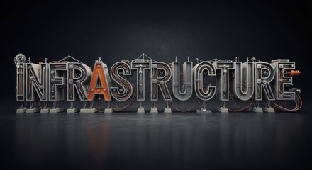 Intricate Infrastructure Typography on Dark Background, Modern Design.