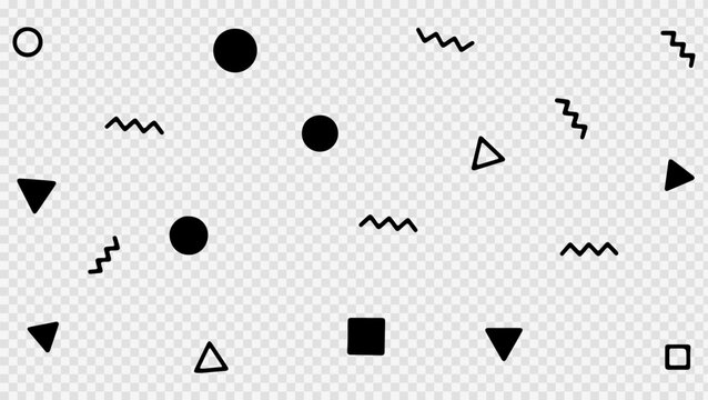 Scattered black and white geometric shapes including solid and outline circles, triangles, squares, and wavy lines on a transparent background