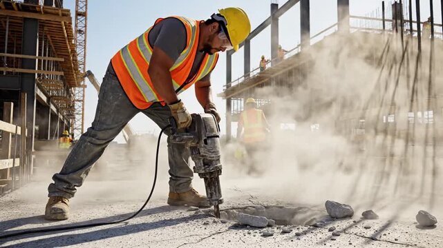Construction worker using jackhammer creating dust on a sunny day