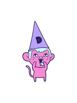 pixelize effect animation of crazy cartoon monkey in dunce hat