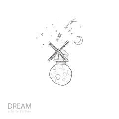 Whimsical windmill on tiny planet with stars, moon, shooting star. Hand-drawn doodle vector for inspirational designs © elinacious