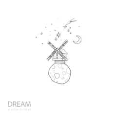 Whimsical windmill on tiny planet with stars, moon, shooting star. Hand-drawn doodle vector for inspirational designs © elinacious