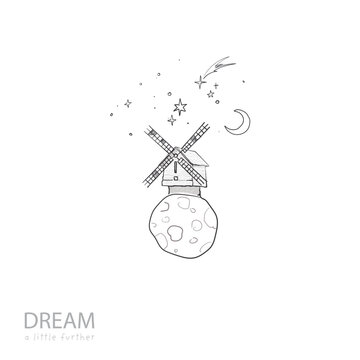 Whimsical windmill on tiny planet with stars, moon, shooting star. Hand-drawn doodle vector for inspirational designs