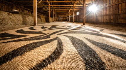 Fototapeta premium Woven Hemp Tapestry with Abstract Patterns in a Sunlit Barn Interior