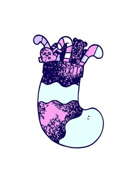 neon light effect animation of cartoon doodle christmas stocking full of toys