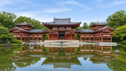 Fototapeta premium A serene Japanese temple reflected in a peaceful pond surrounded by lush greenery