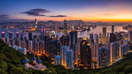 Obraz premium A stunning cityscape at dusk with skyscrapers and a serene waterfront
