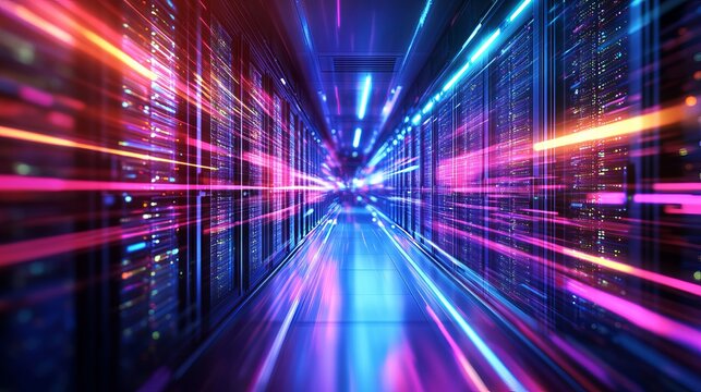 A futuristic server room with vibrant neon lights and a sense of high-speed data transfer