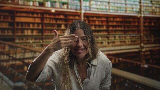 Woman covers eyes with hand while smiling on library balcony with tall bookshelves; playful curiosity.