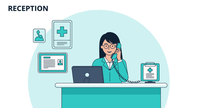 A Friendly Receptionist Using The Telephone At The Front Desk In Medical Facility