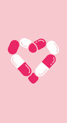 A Heart-Shaped Assembly Of Medical Capsules Upon A Delicate Pink Colored Surface Design