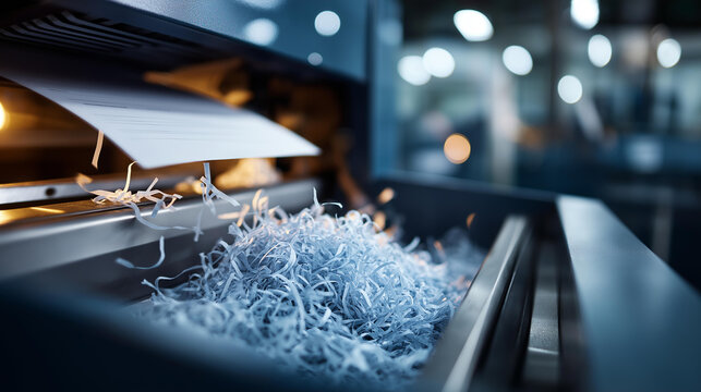 Shredded confidential documents exiting powerful industrial shredder machine secure destruction equipment high capacity document processing waste management information