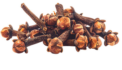 Fototapeta premium Close-up studio shot showcasing a pile of dried spice buds with intricate details against a transparent background