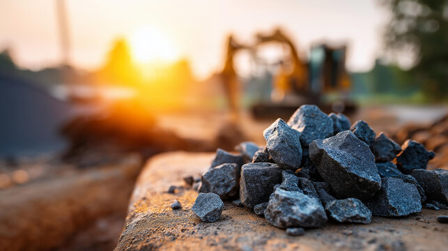 Gravel pile of crushed stone at construction or mining site on sunlit background road base gravel at sunset aggregate stockpile ore processing quarry materials warm lighting