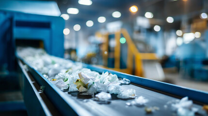Shredded rubber pieces moving on conveyor inside recycling facility showing gritty reality of waste transformation recovery and reuse concept rubber reprocessing sustainable