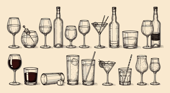 Vintage drinkware collection illustration, bar glassware sketch