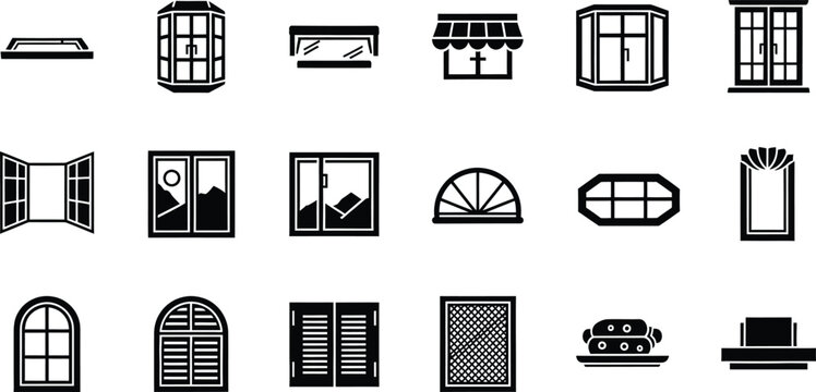 Collection of various window icons including shutters blinds and frames for architectural design