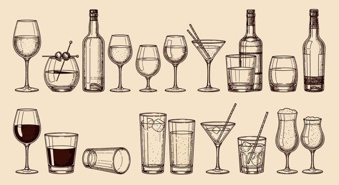 vintage drink glasses illustration, alcohol beverages sketch