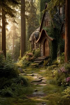 Fairytale stone and wood cottage nestled in sun-dappled enchanted forest, mossy ground and blooming flowers all around. Whimsical magic and timeless peace captured at golden hour.