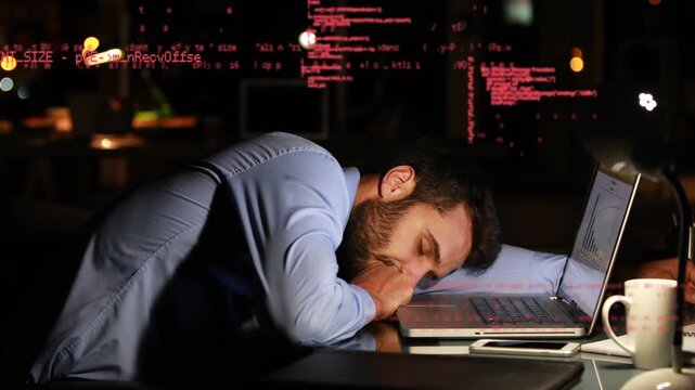 Animation of data processing over caucasian tired businessman sleeping by laptop