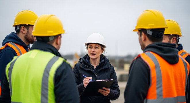 Female supervisor leads a construction team meeting on site