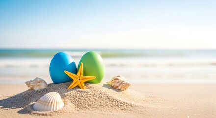 Obraz premium Easter eggs and starfish on a sunny beach with shells