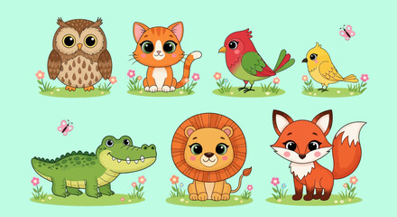 Obraz premium Cute cartoon animals on green grass, owl, cat, birds, crocodile, lion, fox