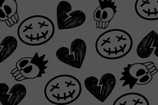 Grey Emo Background with Punk Skulls and Dead Smileys, Dark Goth Grunge Alternative Pattern