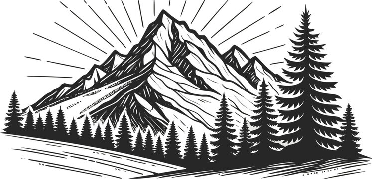 A detailed black and white illustration of a mountain range. The mountains are the main subject, dominating the upper portion of the image. They are depicted with a stylized, cross-hatch shading techn