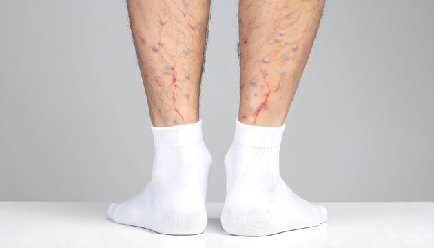 Legs with varicose veins and white socks on a gray background.