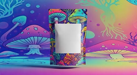 Vibrant Psychedelic Mushroom Pouch Mockup Against Dreamlike Fantasy Forest