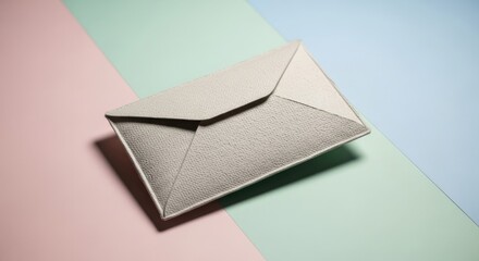 Minimalist white envelope on a gentle pastel pink, green, and blue surface