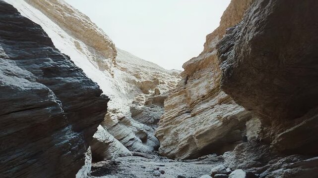 Harsh desert environment featuring rugged canyon formation with stratified rock walls and a dry riverbed, sculpted by eons of natural erosion and geological processes in an arid landscape