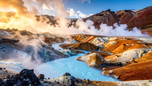 Surreal Geothermal Landscape of Iceland with Vibrant Colors and Steam.