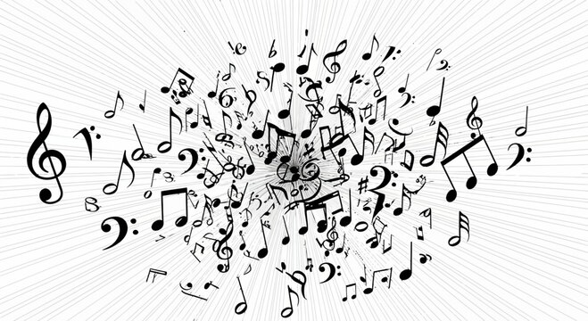 musical notes explosion, music symbols, sound waves, white background