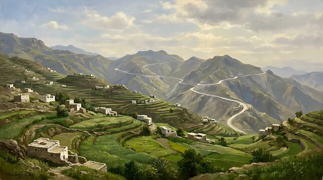 Terraced green mountainsides and white stone houses in Asir region at daytime