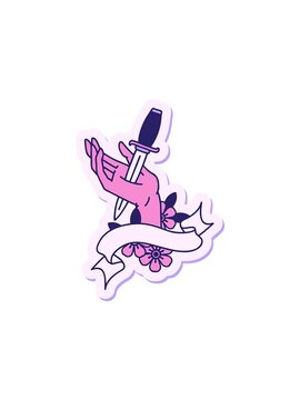 popping motion animation of tattoo style sticker with banner of a dagger in the hand