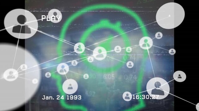 Animation of vhs glitch effect over network of profile icons against human head model