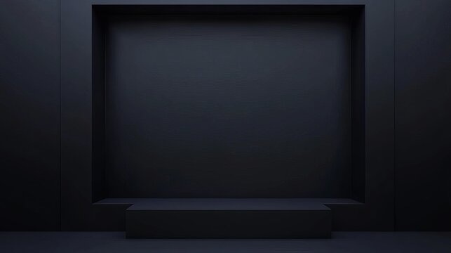 A dark room with a large empty square frame on the wall and a small platform in front of it